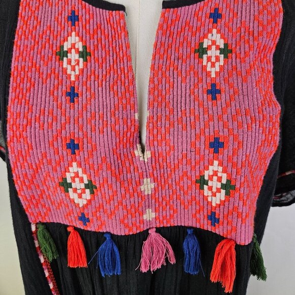 Joie Black Boho Cotton Embroidered Mini Dress Small Tassels Short Sleeves - Picture 5 of 10